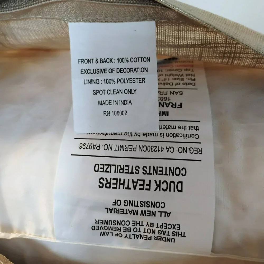 Gold Beaded Decorative Lumbar Pillow, Duck Feather Insert 18x12 Elegant LIKE NEW